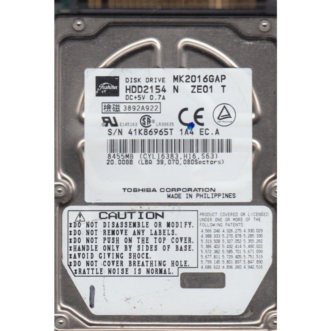 Apple Toshiba MK2016GAP 20 GB 2.5 PN 655-0849 Hard Drive Parts Not Working